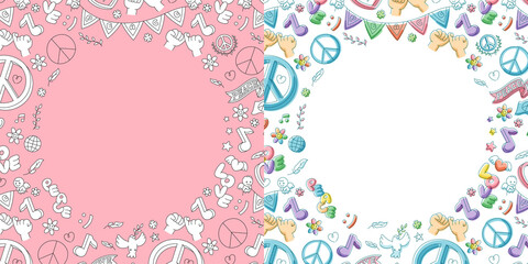 Fototapeta na wymiar Peace doodle frame kids hand drawing pattern set and marker watercolor, Peaceful Pray and Stop war concept, minimal flat design illustration isolated on background with circle copy space, vector
