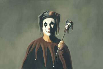 Illustration of jester portrait, surreal concept - obrazy, fototapety, plakaty