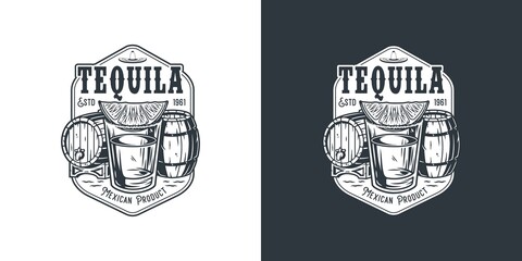 Tequila shot with lime and salt. Vector tropical design with mexican barrel of tequila for alcohol pab