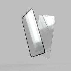 Two protective tempered glass for smartphone display on a gray background. 
