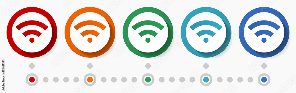 Poster wifi, communication concept vector icon set, flat design colorful buttons, infographic template in 5