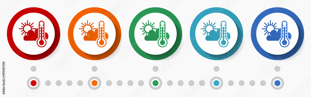 Poster weather forecast concept vector icon set, flat design colorful buttons, infographic template in 5 co