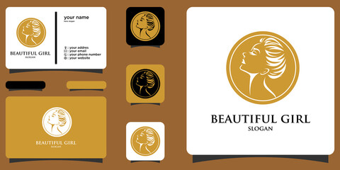 Elegant woman face logo with business card premium vector