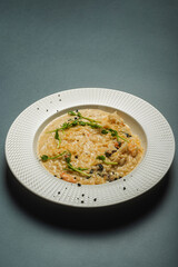 Appetizing mushroom risotto garnished with microgreens (gorose sprout) in a beautiful white plate.
