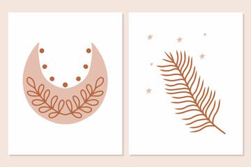 Vector set of posters with branches and stars in kids boho style. Boho style nursery decoration. Posters with leaves.