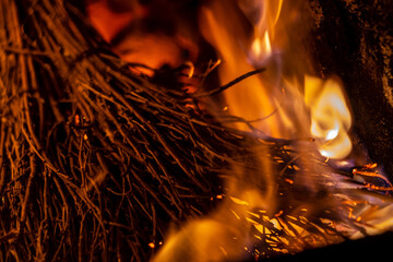 Close up photo of firewood in burning bonfire