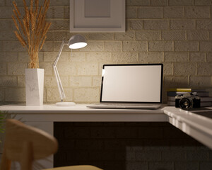 Close-up, Modern dark home office workspace with notebook laptop computer