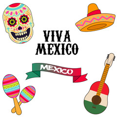 Viva Mexico text, Cinco de mayo celebration symbols. Skull, Maracas, Guitar, Sombrero icons. Independence day vector illustration.