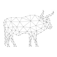 Bull, symbol of horoscope according to Eastern calendar, from abstract futuristic polygonal black lines and dots. Vector illustration.