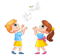 Happy cartoon boy and girl with white pigeons vector illustration