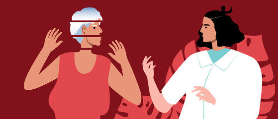 Old woman with mental problems, dementia, schizophrenia or with PTSD, flat vector stock illustration with psychotherapist and victim during psychotherapy