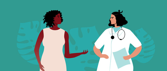 African patient and consultation with doctor, flat vector stock illustration with treatment and medical advice