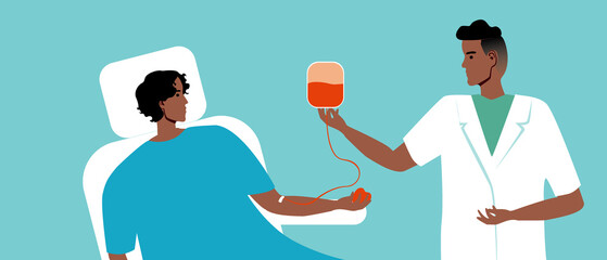 Blood donor and doctor in white coat, flat vector stock illustration with dropper with blood, concept of blood donation