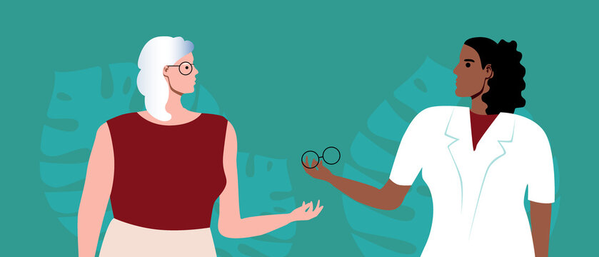 Patient with myopia or farsightedness and consultation with doctor, ophthalmologist or ophthalmologist, flat vector stock illustration with vision correction and eyeglass selection