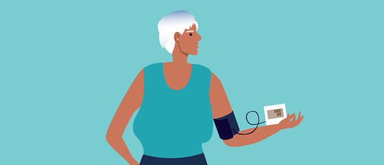 Pressure measurement for elderly woman, flat vector stock illustration with self tone and control of hypertension, arrhythmia