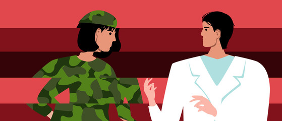 Military woman with PTSD, flat vector stock illustration with psychotherapist and victim during hostilities to help with depression
