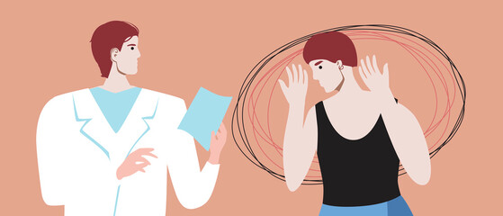 Woman with depression or PTSD, flat vector stock illustration with post-traumatic stress disorder and support of psychotherapist or psychologist