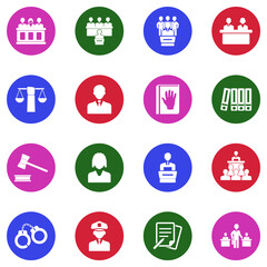 Legal, Court And Justice Icons. White Flat Design In Circle. Vector Illustration.