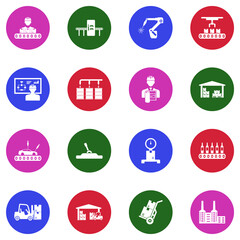 Production Line Icons. White Flat Design In Circle. Vector Illustration.