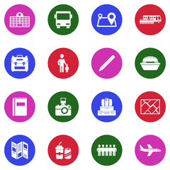 School Trip Icons. White Flat Design In Circle. Vector Illustration.