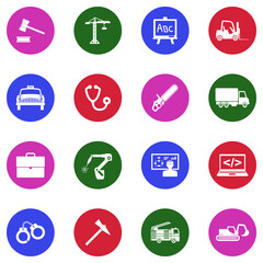 Work Icons. White Flat Design In Circle. Vector Illustration.