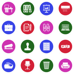 Workplace Icons. White Flat Design In Circle. Vector Illustration.
