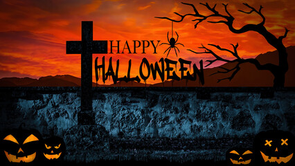 Fototapeta premium Halloween Card Party background - Pumpkins Cross and spider in Graveyard cemetery with orange glowing sky