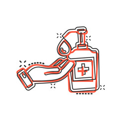 Hand sanitizer icon in comic style. Antiseptic bottle cartoon vector illustration on isolated background. Disinfect gel splash effect sign business concept.