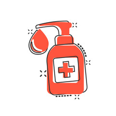 Hand sanitizer icon in comic style. Antiseptic bottle cartoon vector illustration on isolated background. Disinfect gel splash effect sign business concept.