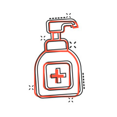 Hand sanitizer icon in comic style. Antiseptic bottle cartoon vector illustration on isolated background. Disinfect gel splash effect sign business concept.