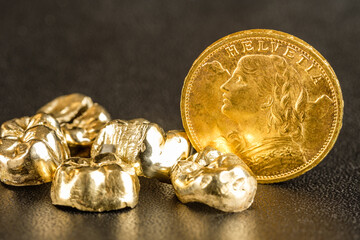 Zahngold (Goldzähne) und Vreneli Goldmünze Schweiz 20 FR (Kopf) - Schweizer Goldvreneli