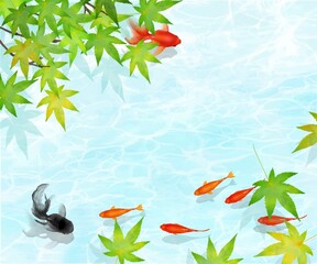 Fototapeta na wymiar 紅葉の木下、水の中を黒と赤の金魚とメダカが優雅に泳ぐ水の波紋が美しいデザインのベクター夏フレーム素材 