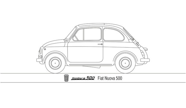 Italy, year 1957, Nuova Fiat 500 popular car, illustration outlined