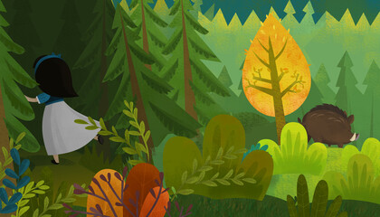 cartoon scene with nature forest and animal birds