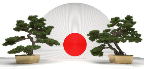 bonsai tree and pot gold with red circle on white background presentation. 3d rendering