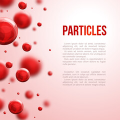 Atoms, red particles. Medical background for banner or flyer. Abstract molecules design. Vector illustration. Blood donation day