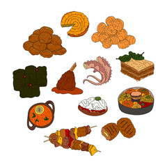 Hand drawn traditional Greece cuisine dish and desserts set. Design sketch element for menu cafe, bistro, restaurant, bakery, packaging, flyer or poster. Vector colorful illustration.