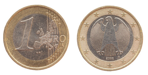 Germany - circa 2002 a 1 Euro coin of Germany with a map of Europe and the heraldic animal of the...