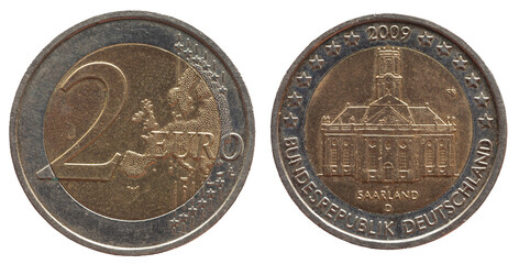 Germany - circa 2009 : a 2 Euro coin of Germany with a map of Europe and the historic church...