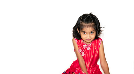 Asian Short hair girl sitting on white background isolated