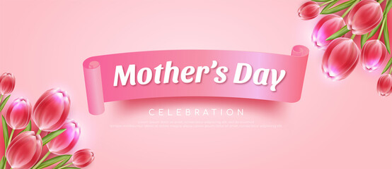 Fototapeta na wymiar Realistic happy mother's day banner with flowers