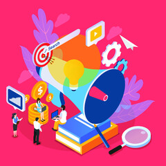 Obraz premium Online marketing teamwork isometric 3d vector concept for banner, website, illustration, landing page, flyer, etc.