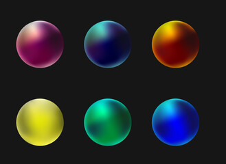 Neon colored pearl icon set, vibrant mesh gradient sphere vector collection, abstract round shape, shiny jewel gem glass. Bright blue, gold, green bubble.