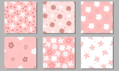 Set of soft pink square seamless floral backgrounds in naive style.