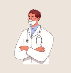 Young male doctor character with stethoscope in white coat and mask with crossed arms. Avatar for advertising, site illustration, icon. Flat cartoon Vector.