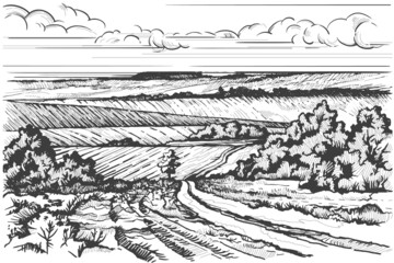 Rural landscape hand drawn ink sketch countryside scenery retro style vector illustration