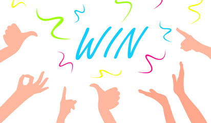 Win success business poster concept, vector victory isolated illustration, flat cartoon hands up celebration party confetti decoration certificate design. 