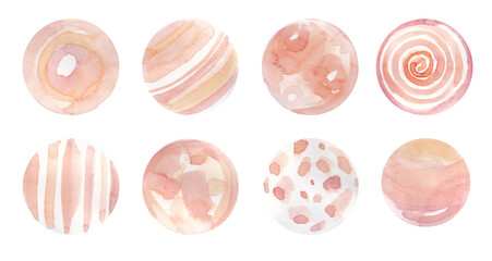 A set of hand-drawn watercolor circles. Delicate colors, peach colors, pink, beige circles isolated on white background.