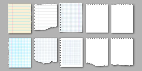 Notebook realistic torn pages and pieces of ripped paper for notes. Vector illustration