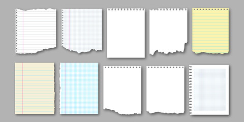 Collection of realistic notebook torn pages and pieces of ripped paper for notes. Vector illustration